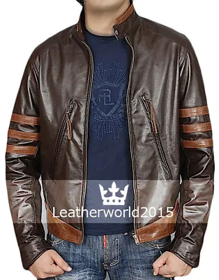 $119.19 • Buy X-Men Wolverine Style Brown Biker Jacket Real Lambskin Leather Tan Stripes Coat