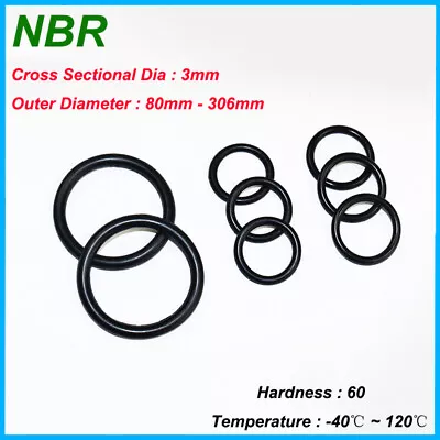 NBR O Ring Nitrile Rubber Orings OD 80-306mm Black Gasket Resistant Seal THK 3mm • £1.67