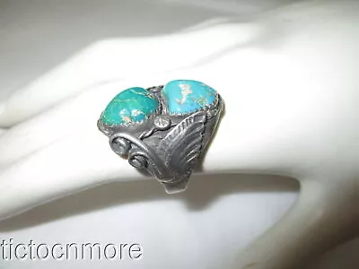 Vintage Navajo Indian Silver Turquoise Stone Squash Blossom Leaf Winged Ring • $26