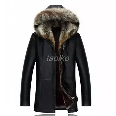 Men Leather Parka Coat Real Raccoon Collar Lamb Fur Lined Mid Long Hooded Jacket • $263.84