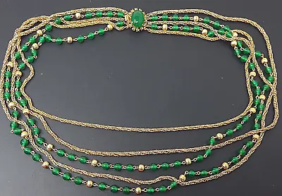 Vintage Jade Green Glass Bohemian CZECH Gold Tone Mumti Strand Necklace 22  • $155