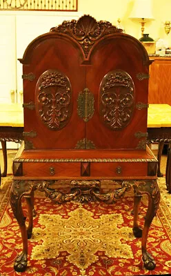 Nicely Carved Early 20th Century Walnut Blind Door China Liquor Cabinet • $1400