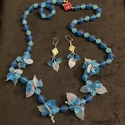 Authentic Murano Blue Floral Glass Necklace And Earrings Set • £11.50