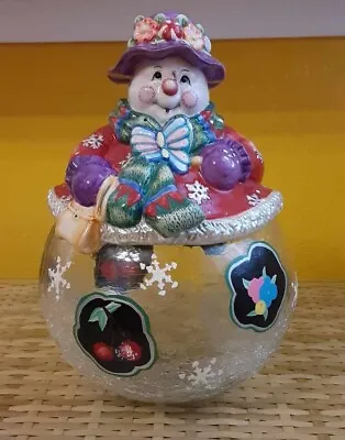Paris & BeeBee Christmas Cookie Jar Crackle Glass Retired 2003 Christmas Snowman • $18.99
