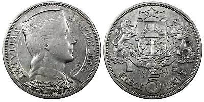 LATVIA Silver 1929 5 Lati Maiden's Head 37 Mm XF KM# 9 (24 336) • $49.95