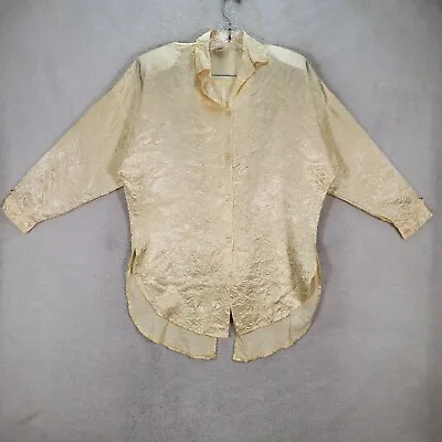Vtg Hanna Womens Top Size S Yellow Crinkled Satin Collared Hi Low Tuxedo Blouse • $11.87