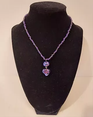 Purple Glass Beaded Necklace With Glass Heart Pendant • $12