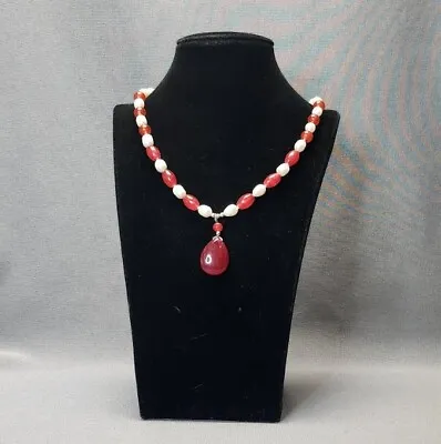 Vintage Baroque Freshwater Pearls & Red Jade Beads Knotted Beaded Necklace 20  • $27