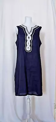 Barbara Gerwit 100% Linen Sleeveless Navy Blue White Dress Size Large • $39.99