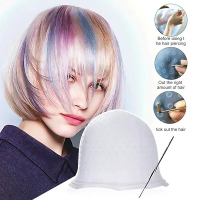Reusable Silicone Dye Hat Cap + Hook For Hair Coloring Highlighting Hairdressing • £4.20
