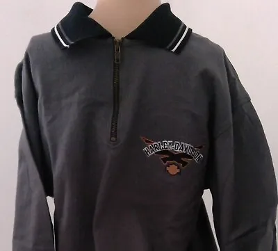 HARLEY DAVIDSON LS Gray Polo Shirt 14th Zip Embroidered Eagle Chest 42in Mens M • $42.79