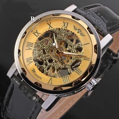 Men Classic Transparent Steampunk Skeleton Mechanical Stainless Steel Watch NEW • $24.87