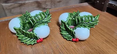 2 Vintage Snowball Green Holly Red Berry Taper Candle Holders Glitter Sparkle • $24