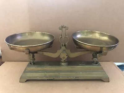 Vintage CAST IRON Balance Scale W/ Brass Pans Marked K 2 • $149.99