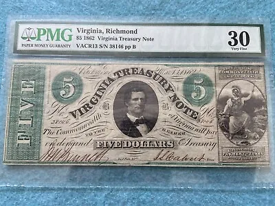 1862 Virginia Treasury Note Richmond $5 Five Dollar  PMG Graded • $259.95