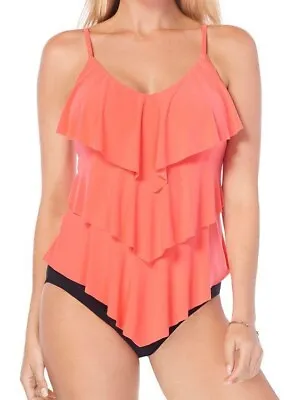 MAGICSUIT Sunsets Orange Solid Rita Ruffle Tankini Swim Top US 10 UK 12 NWOT • $39.44