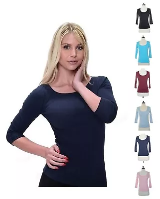 Women 3/4 Sleeve 100% Cotton Scoop Neck Fitted Stretch T Shirt Reg Plus S-xl • $5.59