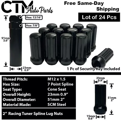 24x Black 2  Tall M12x1.5 Spline Tuner Wheel Lug Nut+Key Fit Toyota Lexus Mitsu • $23.91