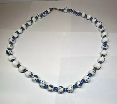 Vintage  Hand Painted Beaded Necklace Blue & White FloralLeaves 25  • $10