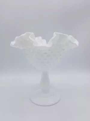 Vintage Footed Fenton Hobnail Milk Glass Compote Ruffled Edge Dish • $32.99