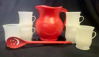 Kool Aid Pitcher W/ 6 Cups Set Vintage Plastic Red 2 Quart Pitcher & Spoon • $29