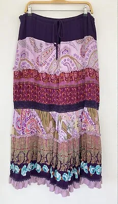 Bila Floral Crochet Ruffle Long Maxi Skirt Boho Festival Artsy Purple Skirt Sz L • $29.99