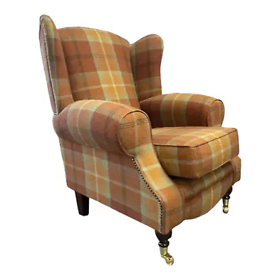 Wing Back Queen Anne Arm Chair In Balmoral Spice Tartan Fabric - Dark Wood Legs • £479