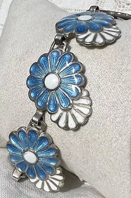 Vintage MARGOT DE TAXCO Blue & White Daisy Enamel Guilloche Sterling Bracelet • $359.99