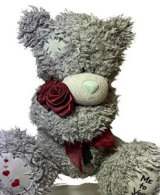 Vintage Tatty Teddy Bear Me To You Red Roses 32cm Tall Blue Nose • $22.47