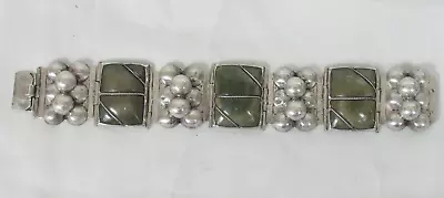 VINTAGE STERLING SILVER MEXICO GREEN JADE UNIQUE CHUNKY BRACELET 66g • $99.99