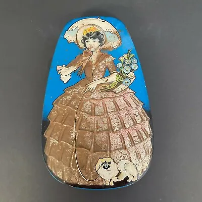 Vtg George W Horner Candy Tin - England - Lady W Parasol & Pekingese Dog - Blue • $10