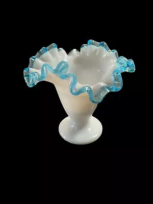 Vintage Milk Glass W/Blue Scalloped Rim Footed Compote/Vase • $24