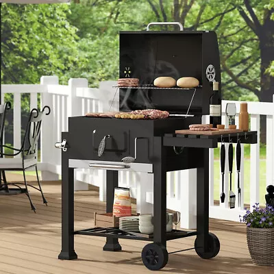 Square BBQ Smoker Charcoal Barbecue Grill Portable Outdoor Garden W/ Wheel&Cover • £119.95