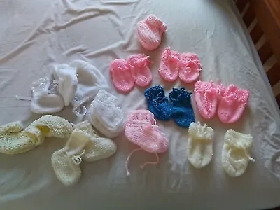 Bag Of Hand Knitted Baby Mittens Boottes And Bonnet • £5.75