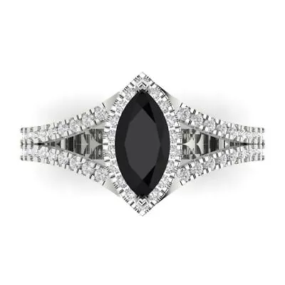 1.2 MQ Split Shank Natural Onyx Promise Bridal Wedding Ring Solid 14k White Gold • £308.93