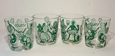 Vintage Glass Tumblers Roosters Mushrooms Set Of 4 Man Woman Fairy  • $36.40