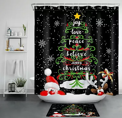 Cartoon Santa Elk Abstract Christmas Tree Shower Curtain Sets For Bathroom Decor • $9.29