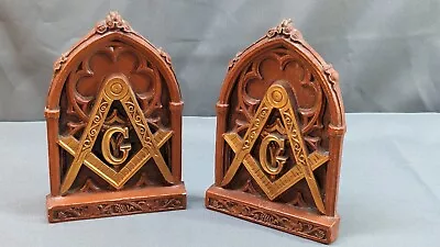 Masonic Arched Window Bookends Vtg Pair Art Deco Freemason Masons Compass G  • $89.10