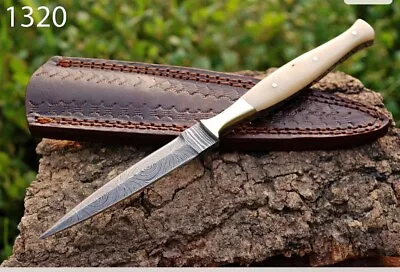 Handmade Damascus Steel Double-edged Hunting Throwing Dagger Knife Camel Bone • $26.90