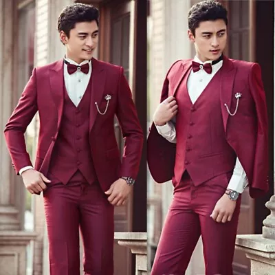 $123.99 • Buy Three-piece Men's Suit Pure Color Korean Slim Fit Wedding Dress One Buttons New