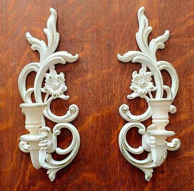 Vtg Syroco-style Candle Wall Sconces Cream Gold Floral Hollywood Regency White • £19.29