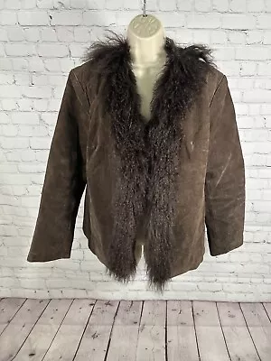 Chicos Design Brown 100% Leather Real Mongolian Fur Trim Women’s Jacket Size M • $47