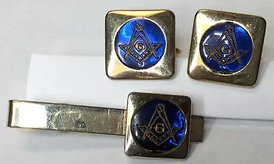 Vintage Blue Stone Masonic Swank Cufflinks & Tiebar Set (cl138)  • $40