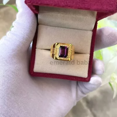 Natural Amethyst Emerald Cut Mens Halo Ring 925 Sterling Silver Gold Plated Ring • $74.38