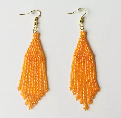 Long Orange Beaded Earrings Fringe Seed Bead Earrings Burnt Orange Jewelry  • $24.45