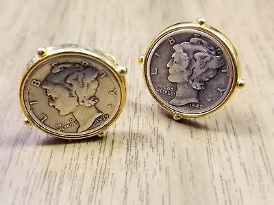 $35 • Buy Genuine Silver Mercury Dime U.S. Coin Cufflinks Gold Tone Vintage Pair Set