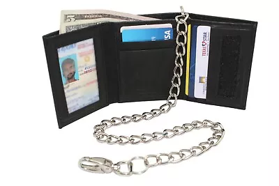 Biker Trucker Tri-Fold Leather Wallet With & Without Chain V-Tape Closer J131TFV • $14.99