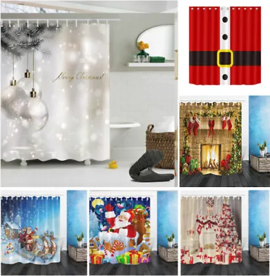 Fabric Shower Curtain Set Christmas Elements Santa Claus Bathroom Decor Hooks • $18.55