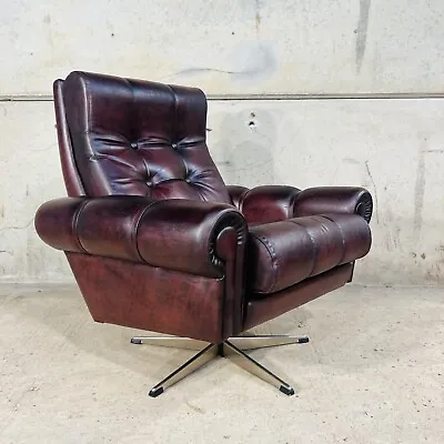 Vintage Danish 70s Skippers Mobler Deep Chestnut Leather Swivel Chair #1007 • £795