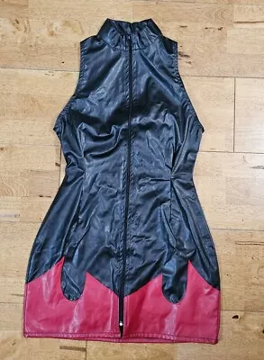 PHAZE Wet Look Zip Front Dress Black Red Flame Design UK Size 12 • £35